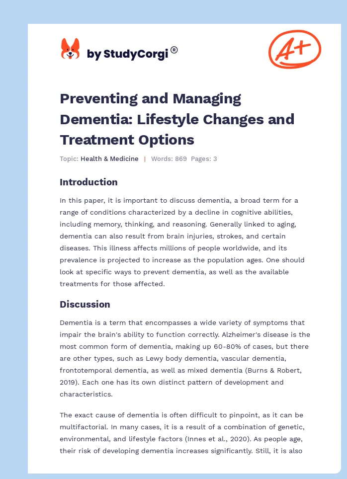 Preventing and Managing Dementia: Lifestyle Changes and Treatment Options. Page 1