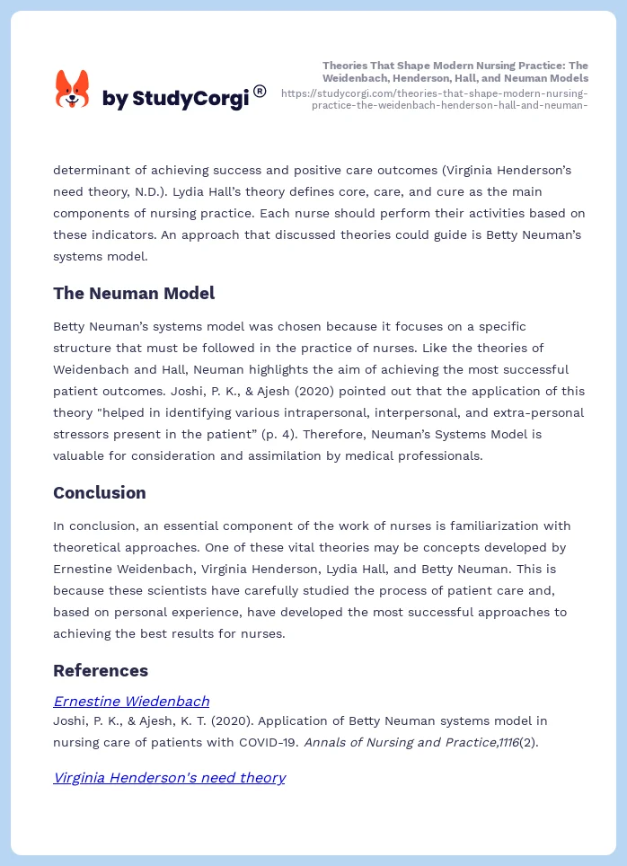 Theories That Shape Modern Nursing Practice: The Weidenbach, Henderson, Hall, and Neuman Models. Page 2