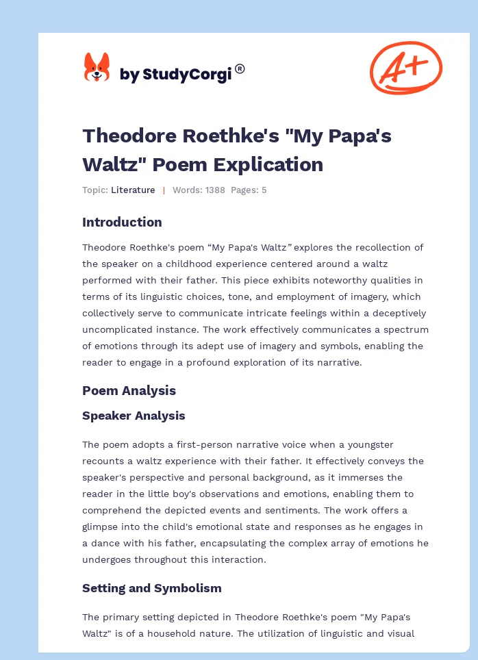 Theodore Roethke's "My Papa's Waltz" Poem Explication. Page 1