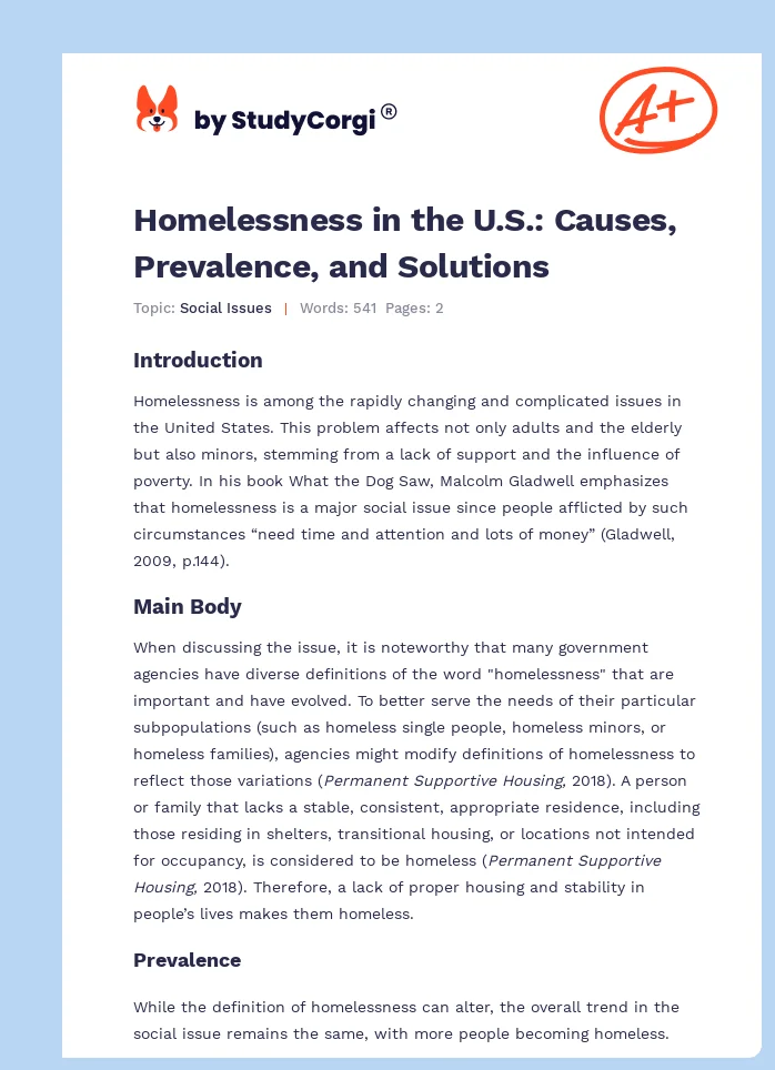 Homelessness in the U.S.: Causes, Prevalence, and Solutions. Page 1