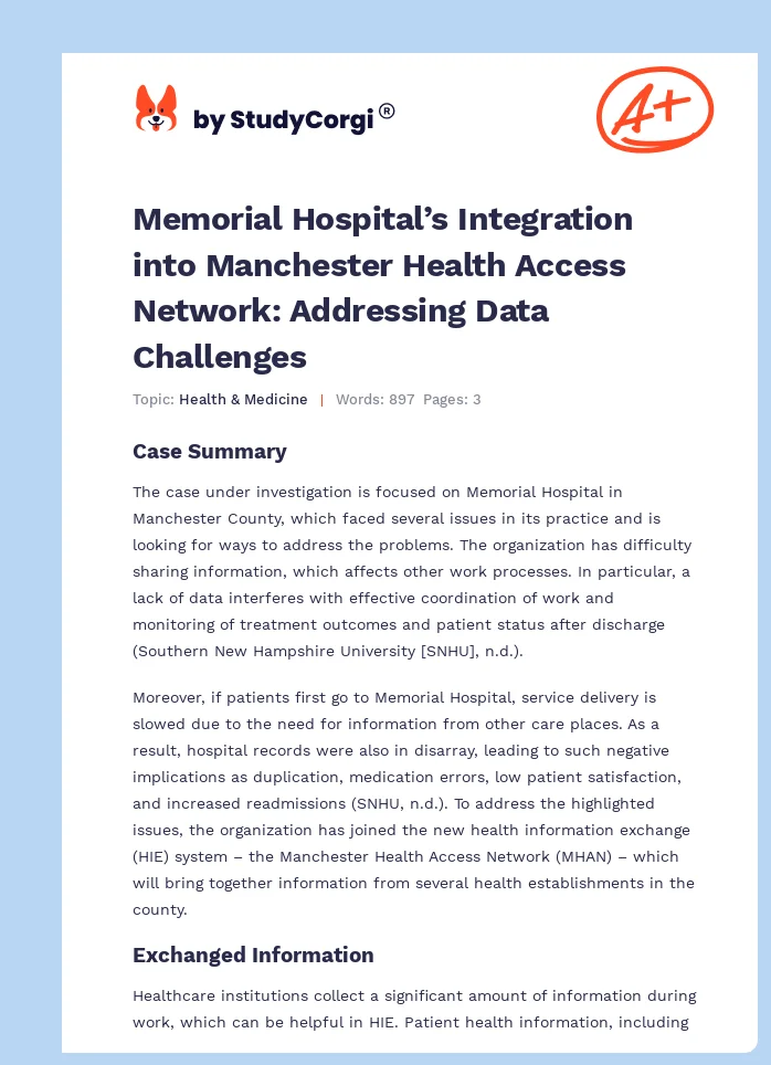 Memorial Hospital’s Integration into Manchester Health Access Network: Addressing Data Challenges. Page 1