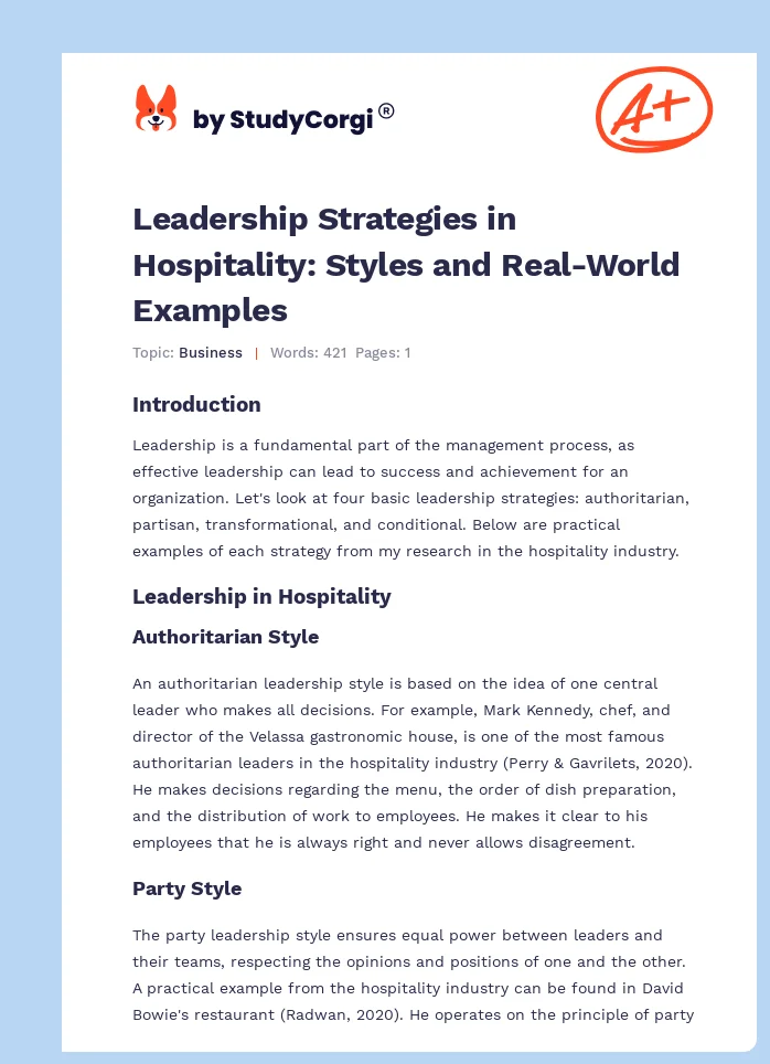 Leadership Strategies in Hospitality: Styles and Real-World Examples. Page 1