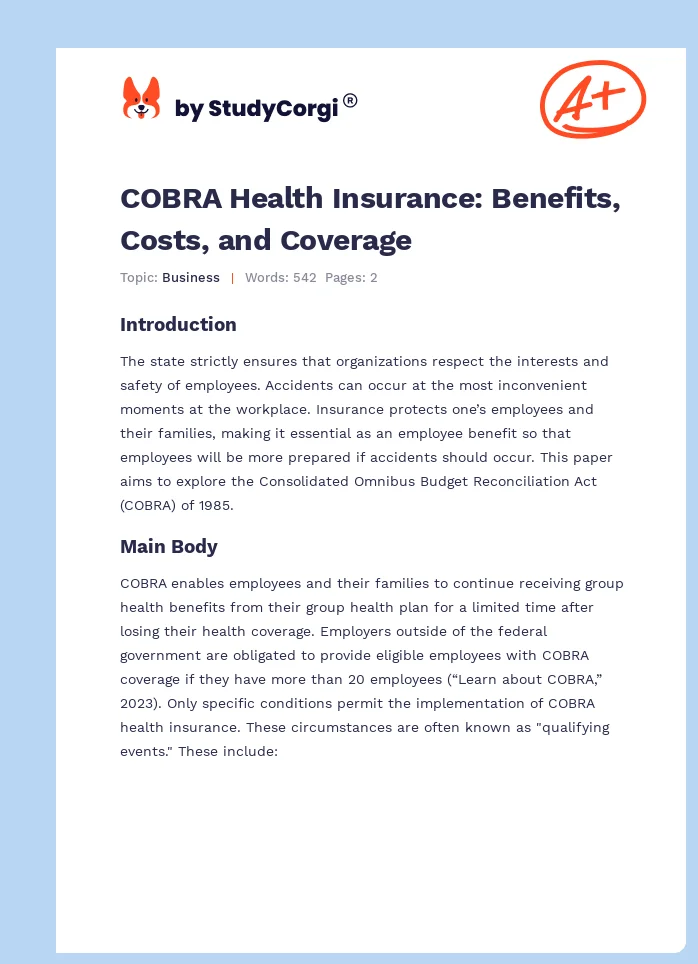 COBRA Health Insurance: Benefits, Costs, and Coverage. Page 1