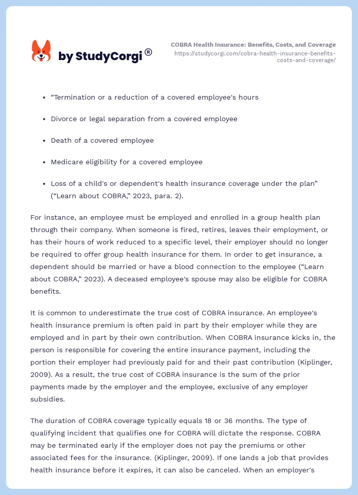 COBRA Health Insurance: Benefits, Costs, and Coverage. Page 2