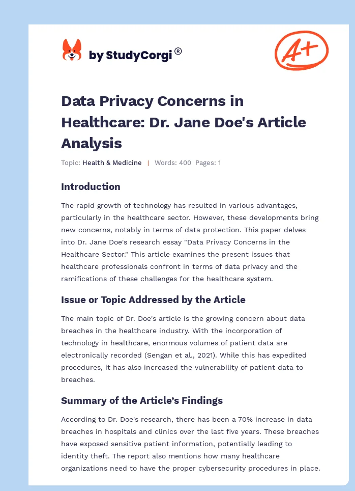 Data Privacy Concerns in Healthcare: Dr. Jane Doe's Article Analysis. Page 1