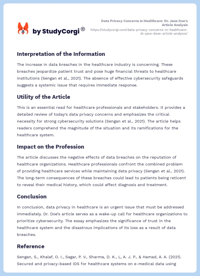 Data Privacy Concerns in Healthcare: Dr. Jane Doe's Article Analysis. Page 2