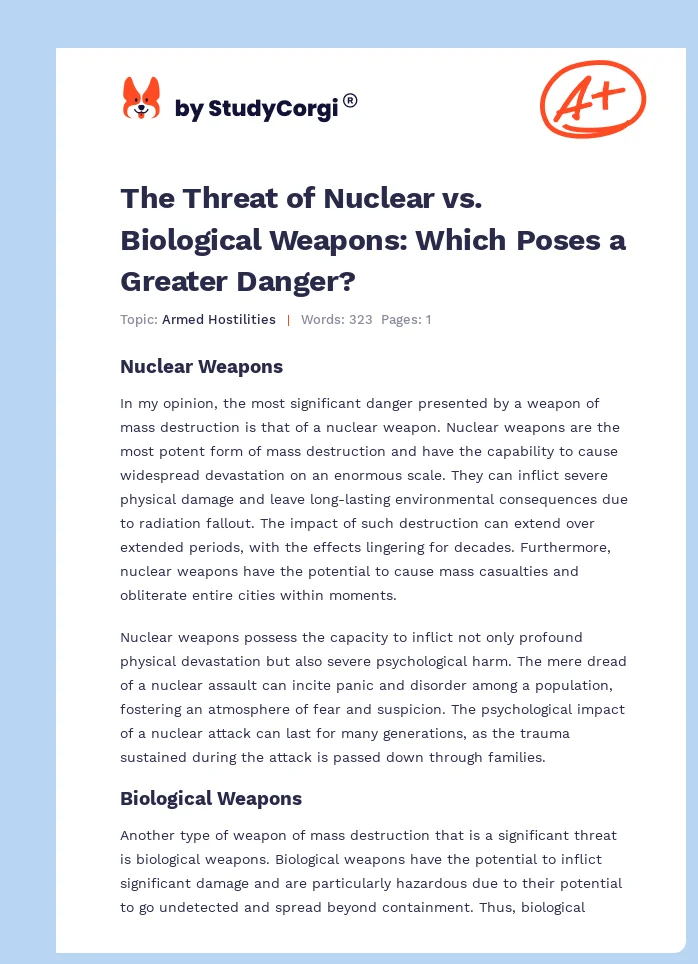 The Threat of Nuclear vs. Biological Weapons: Which Poses a Greater Danger?. Page 1