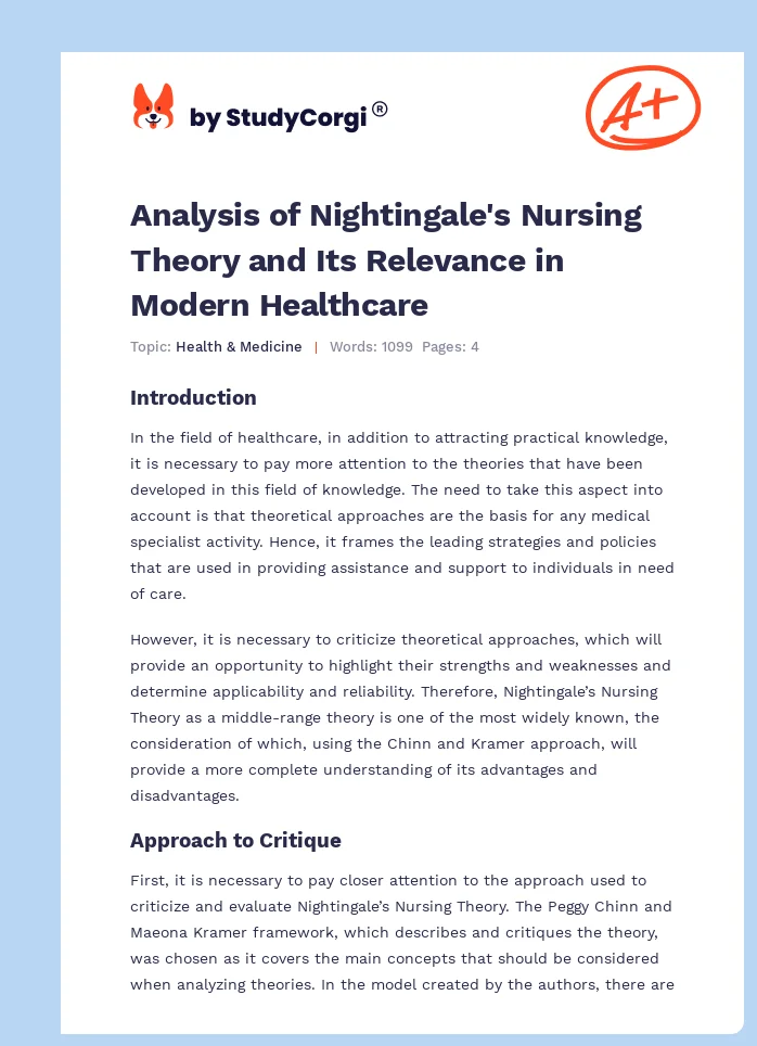 Analysis of Nightingale's Nursing Theory and Its Relevance in Modern Healthcare. Page 1