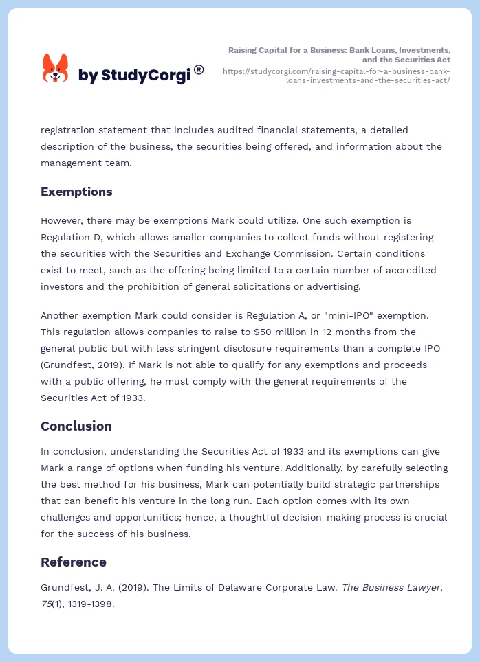 Raising Capital for a Business: Bank Loans, Investments, and the Securities Act. Page 2