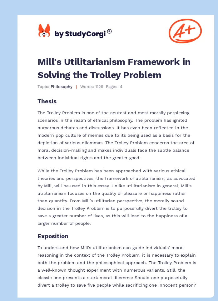 Mill's Utilitarianism Framework in Solving the Trolley Problem. Page 1