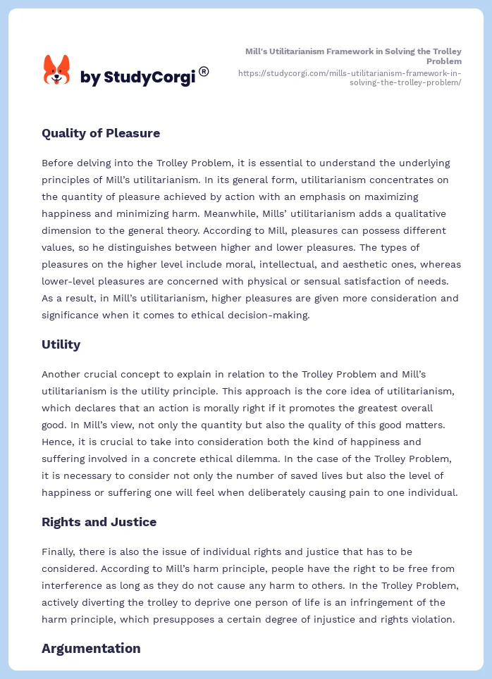 Mill's Utilitarianism Framework in Solving the Trolley Problem. Page 2