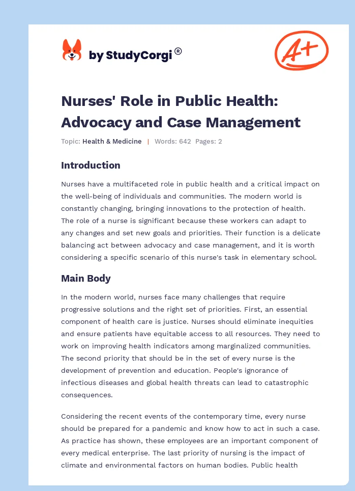 Nurses' Role in Public Health: Advocacy and Case Management. Page 1