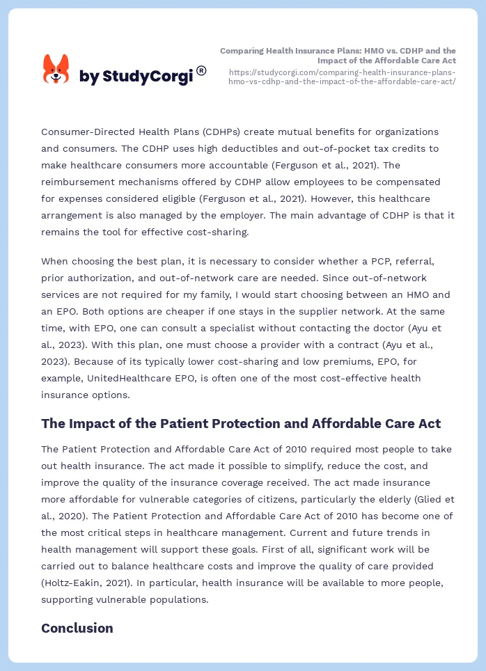 Comparing Health Insurance Plans: HMO vs. CDHP and the Impact of the Affordable Care Act. Page 2