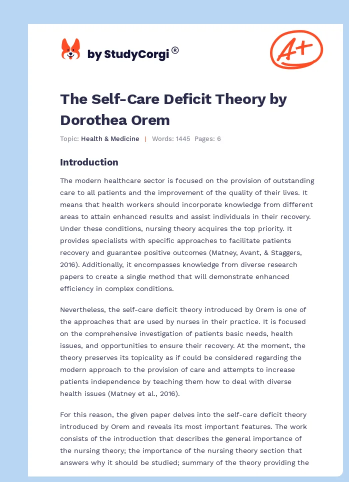 The Self-Care Deficit Theory by Dorothea Orem. Page 1