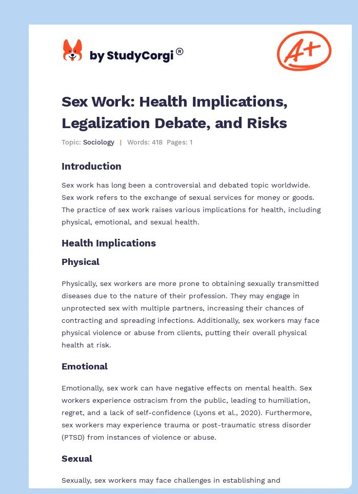 Sex Work: Health Implications, Legalization Debate, and Risks. Page 1