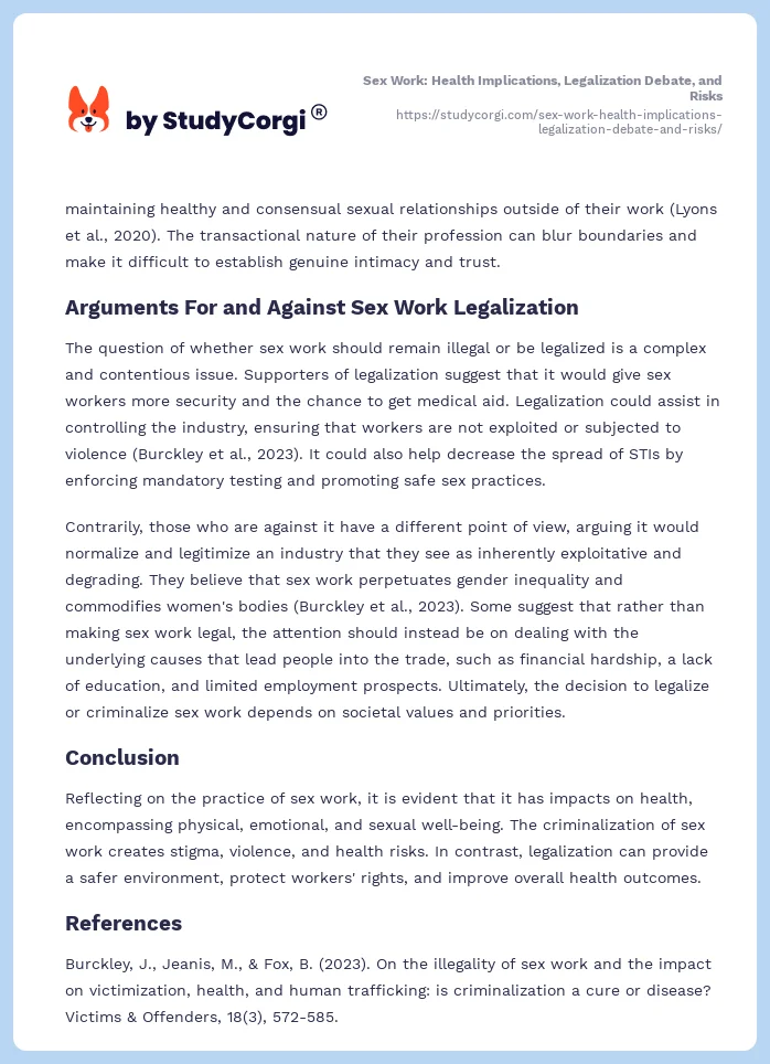 Sex Work: Health Implications, Legalization Debate, and Risks. Page 2