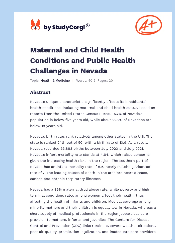 Maternal and Child Health Conditions and Public Health Challenges in Nevada. Page 1