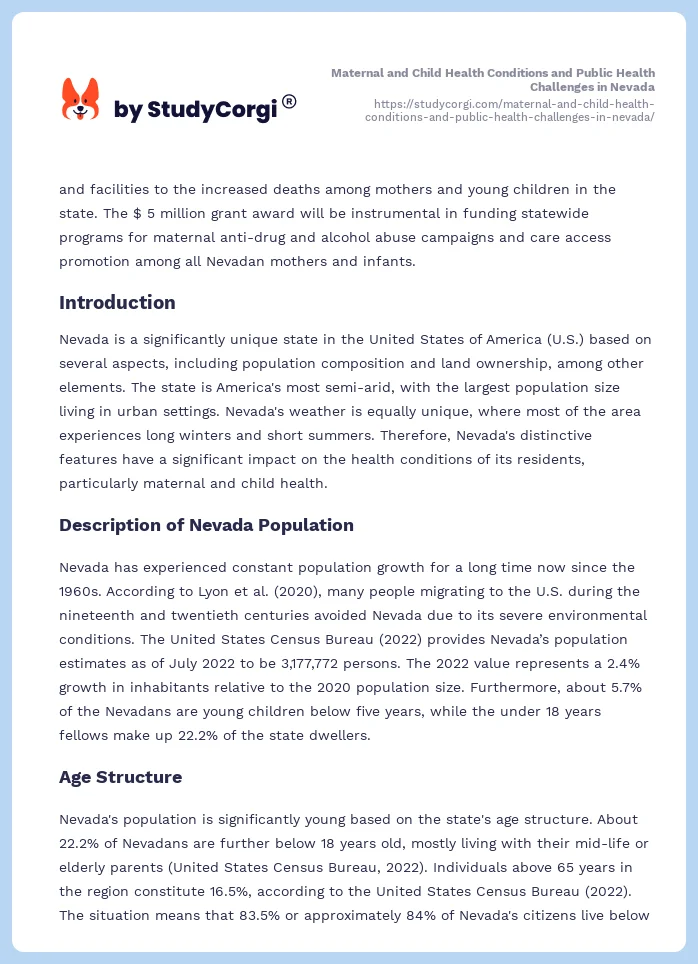 Maternal and Child Health Conditions and Public Health Challenges in Nevada. Page 2