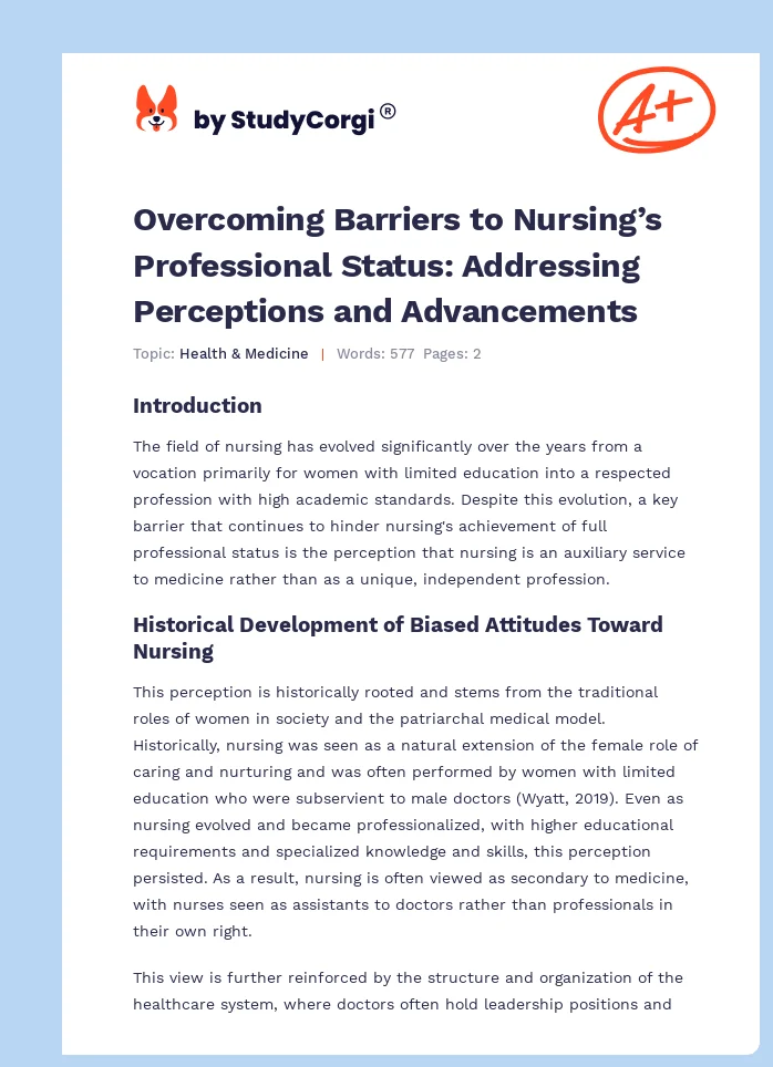 Overcoming Barriers to Nursing’s Professional Status: Addressing Perceptions and Advancements. Page 1