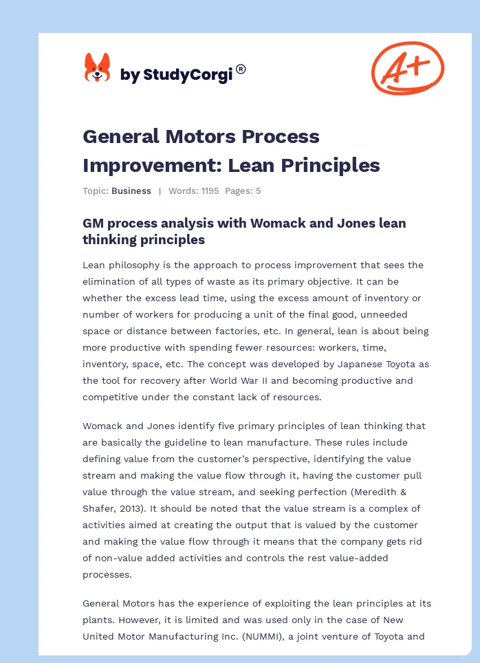 General Motors Process Improvement: Lean Principles. Page 1