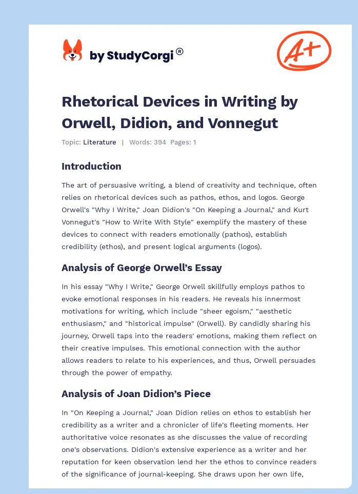 Rhetorical Devices in Writing by Orwell, Didion, and Vonnegut. Page 1