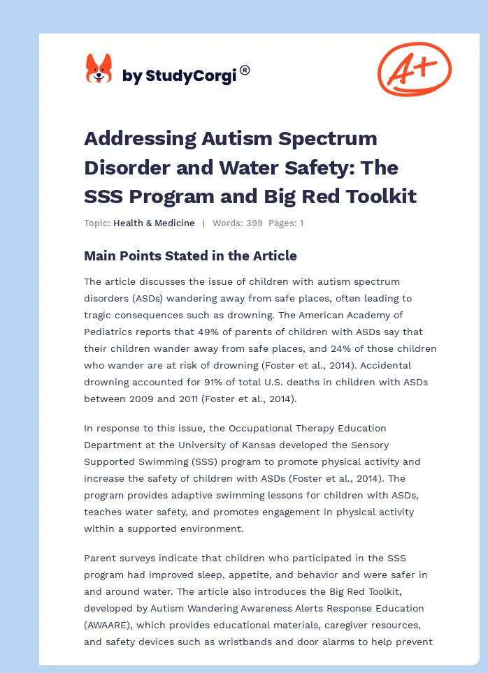 Addressing Autism Spectrum Disorder and Water Safety: The SSS Program and Big Red Toolkit. Page 1