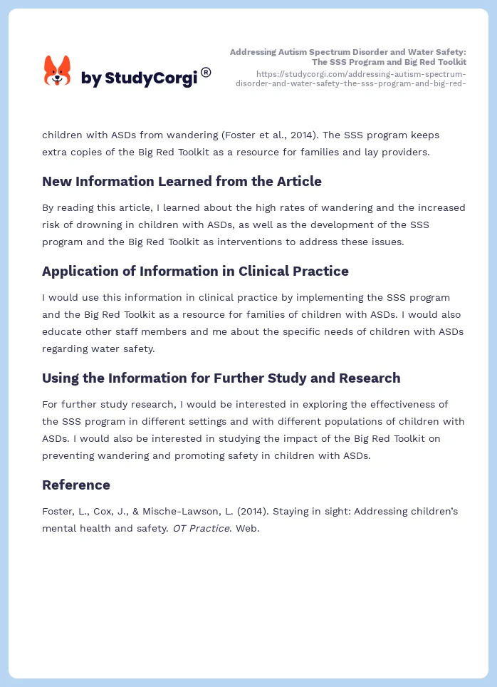 Addressing Autism Spectrum Disorder and Water Safety: The SSS Program and Big Red Toolkit. Page 2