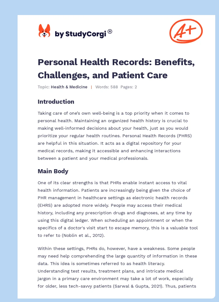 Personal Health Records: Benefits, Challenges, and Patient Care. Page 1