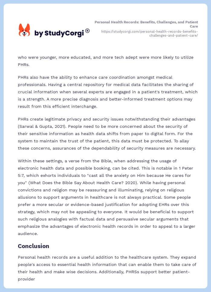 Personal Health Records: Benefits, Challenges, and Patient Care. Page 2