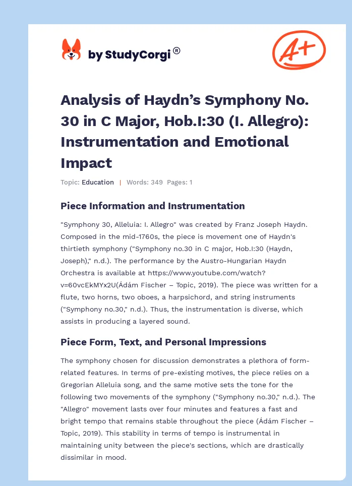 Analysis of Haydn’s Symphony No. 30 in C Major, Hob.I:30 (I. Allegro): Instrumentation and Emotional Impact. Page 1