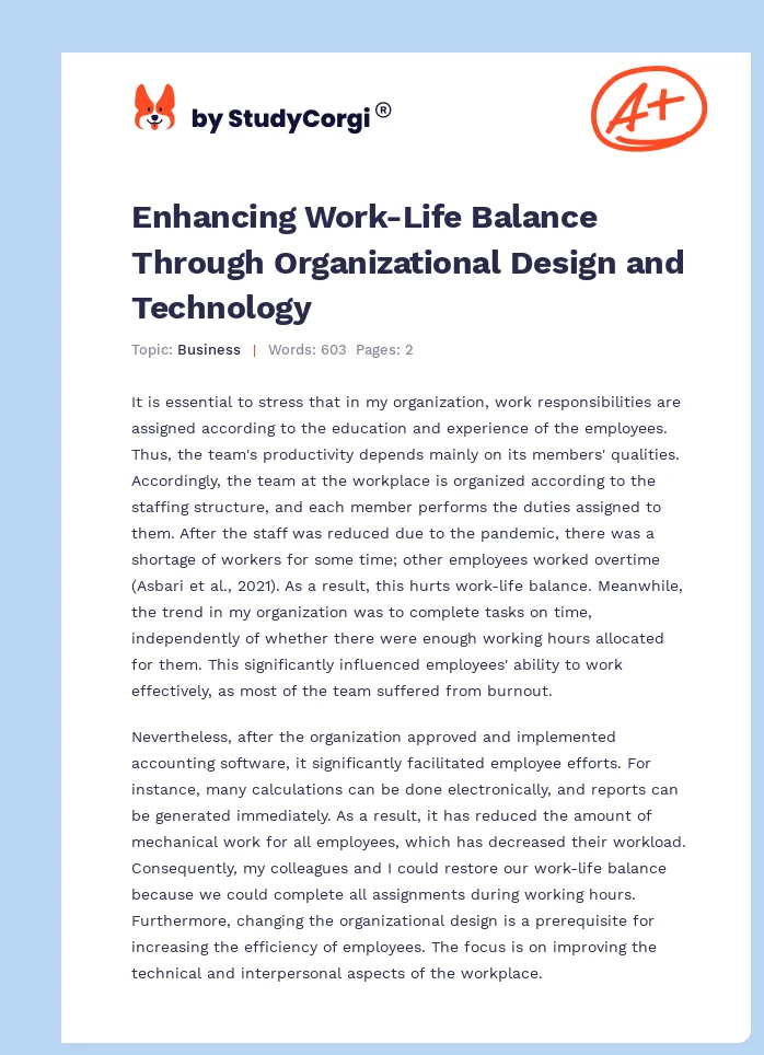 Enhancing Work-Life Balance Through Organizational Design and Technology. Page 1