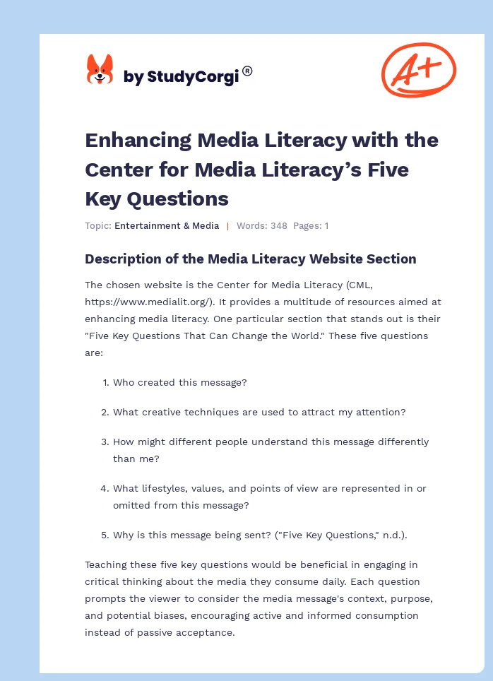 Enhancing Media Literacy with the Center for Media Literacy’s Five Key Questions. Page 1