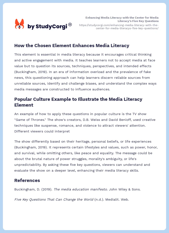 Enhancing Media Literacy with the Center for Media Literacy’s Five Key Questions. Page 2