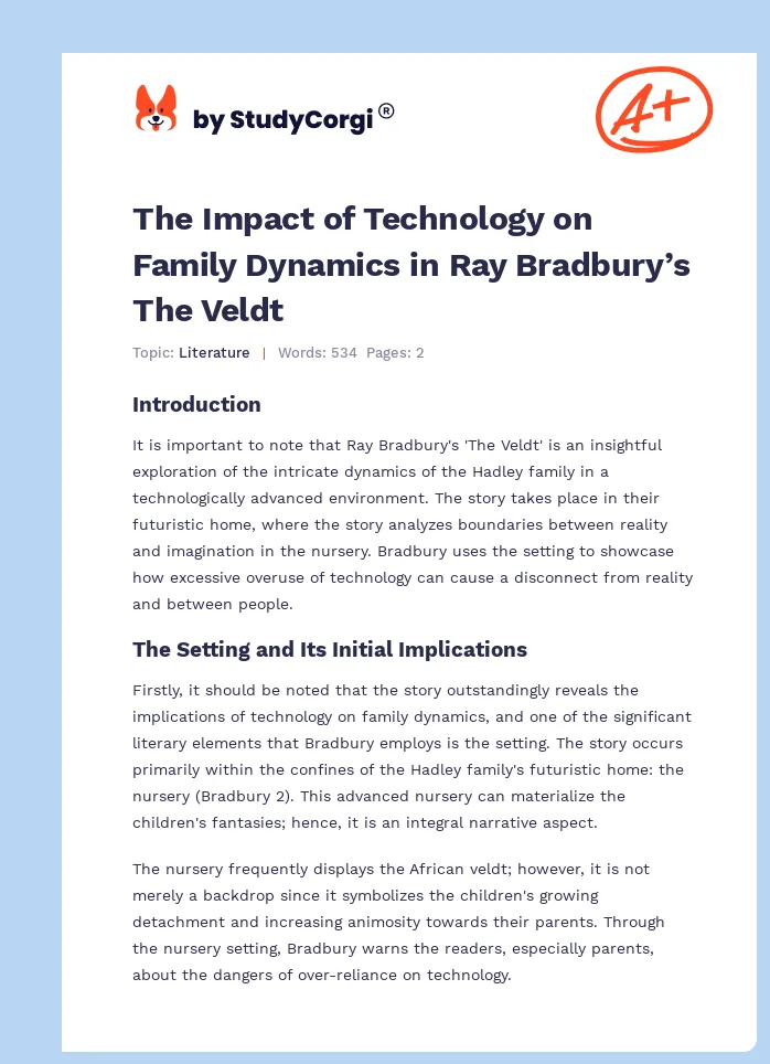 The Impact of Technology on Family Dynamics in Ray Bradbury’s The Veldt. Page 1