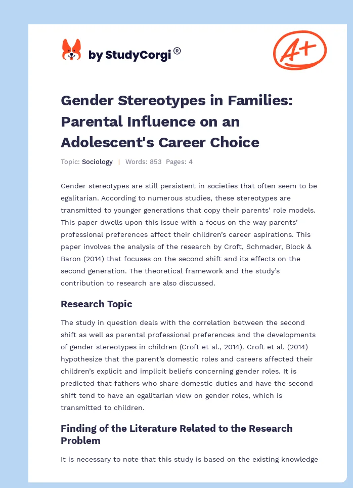 Gender Stereotypes in Families: Parental Influence on an Adolescent's Career Choice. Page 1
