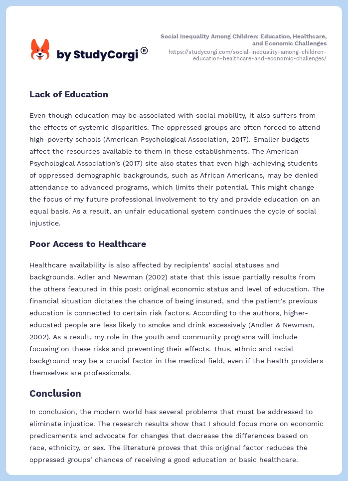 Social Inequality Among Children: Education, Healthcare, and Economic Challenges. Page 2