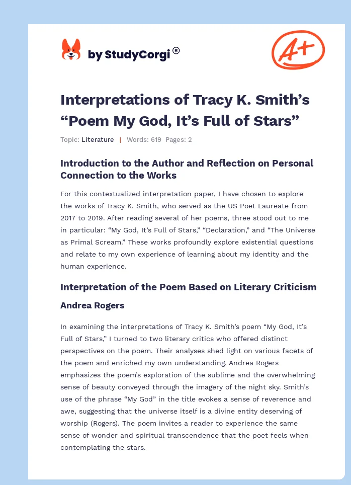 Interpretations of Tracy K. Smith’s “Poem My God, It’s Full of Stars”. Page 1