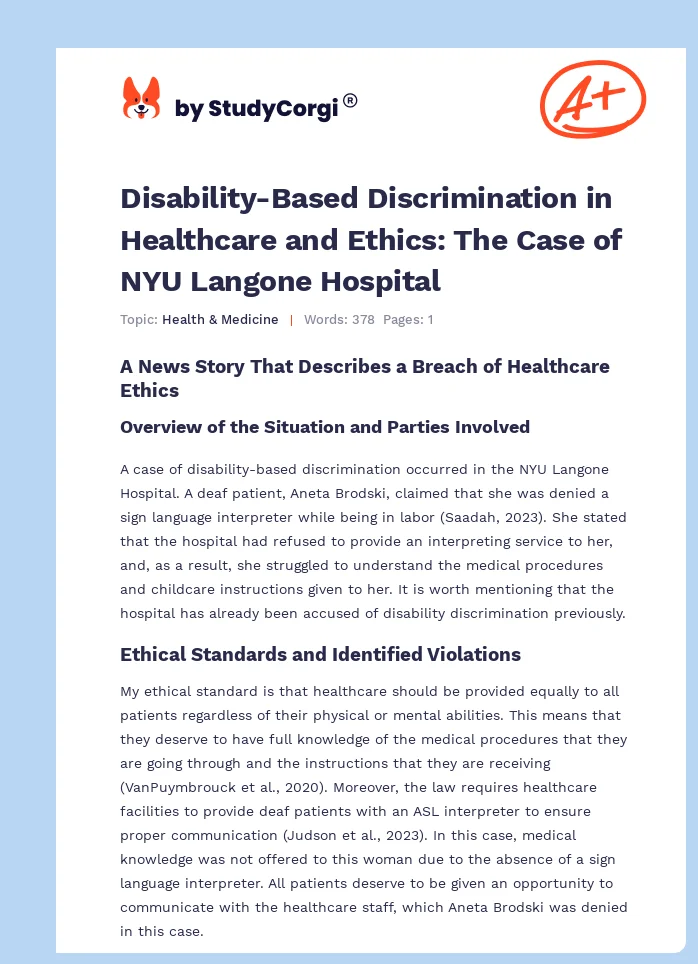 Disability-Based Discrimination in Healthcare and Ethics: The Case of NYU Langone Hospital. Page 1