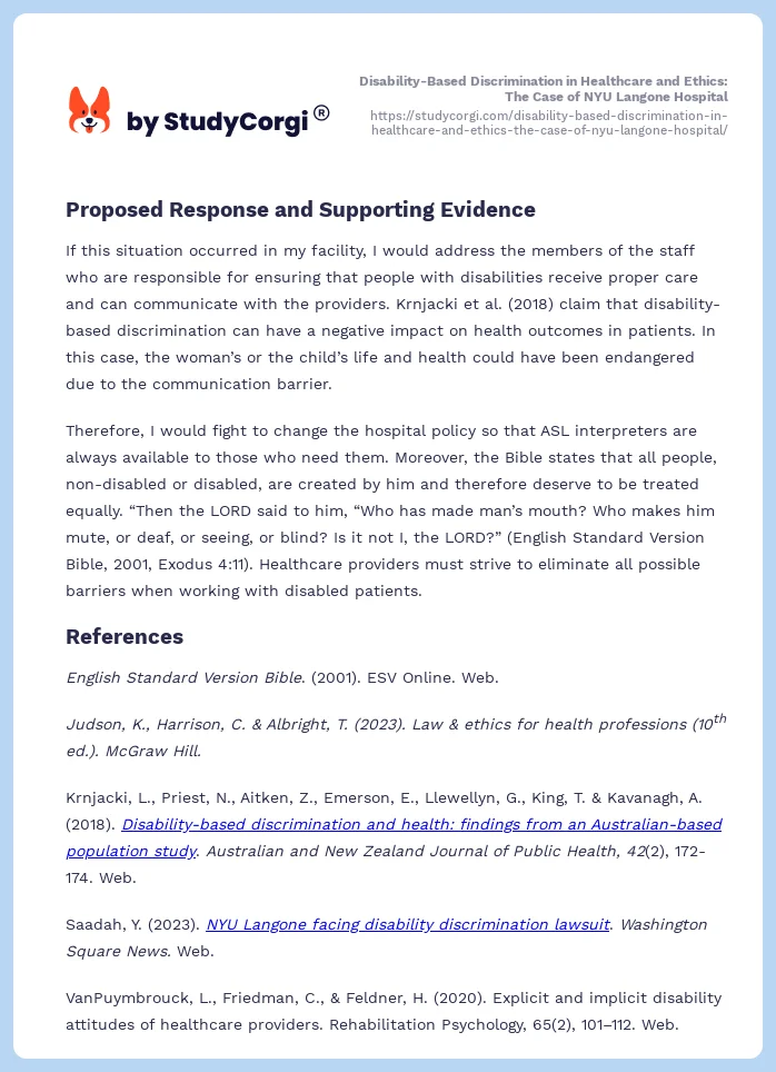 Disability-Based Discrimination in Healthcare and Ethics: The Case of NYU Langone Hospital. Page 2