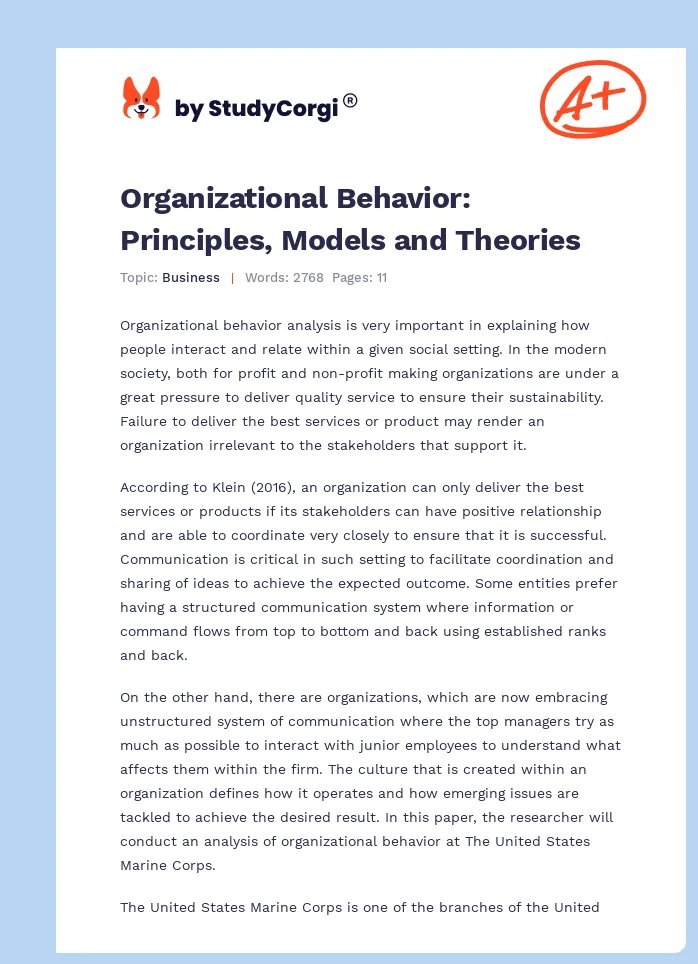 Organizational Behavior: Principles, Models and Theories. Page 1