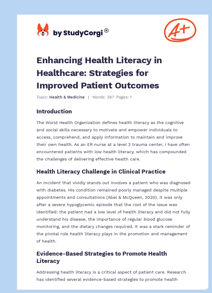 Enhancing Health Literacy in Healthcare: Strategies for Improved Patient Outcomes. Page 1