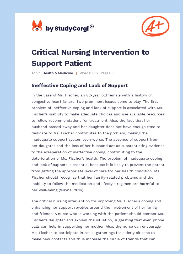 Critical Nursing Intervention to Support Patient. Page 1