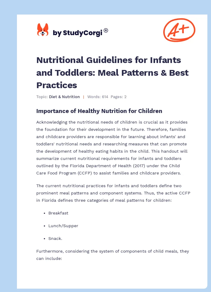 Nutritional Guidelines for Infants and Toddlers: Meal Patterns & Best Practices. Page 1