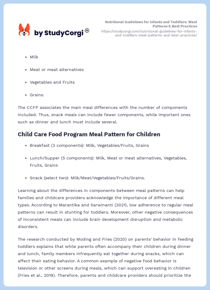 Nutritional Guidelines for Infants and Toddlers: Meal Patterns & Best Practices. Page 2