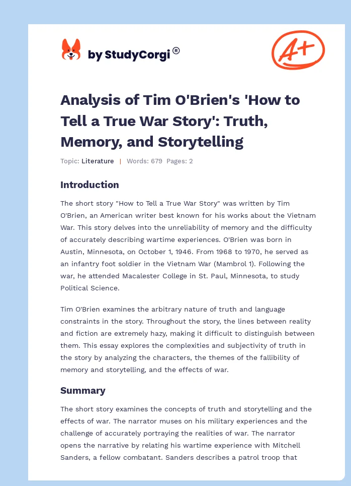 Analysis of Tim O'Brien's 'How to Tell a True War Story': Truth, Memory, and Storytelling. Page 1