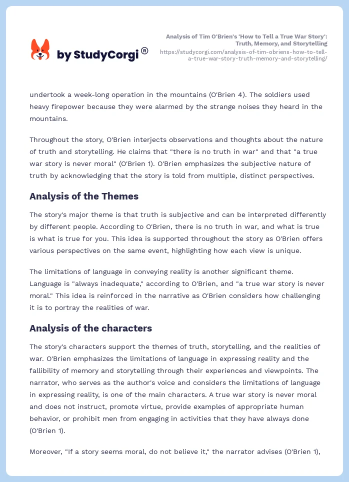 Analysis of Tim O'Brien's 'How to Tell a True War Story': Truth, Memory, and Storytelling. Page 2