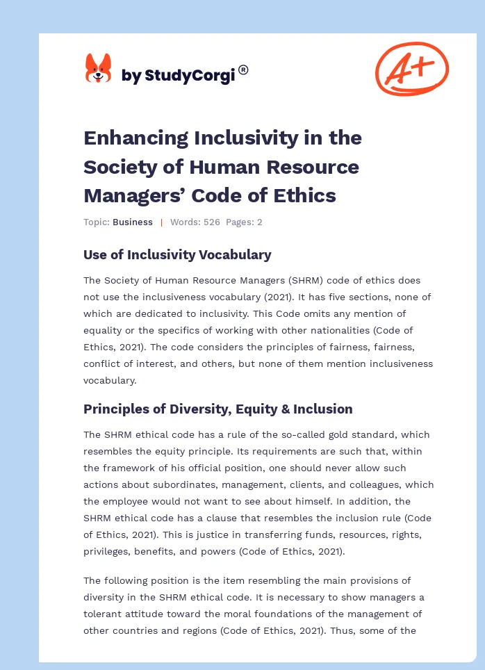 Enhancing Inclusivity in the Society of Human Resource Managers’ Code of Ethics. Page 1