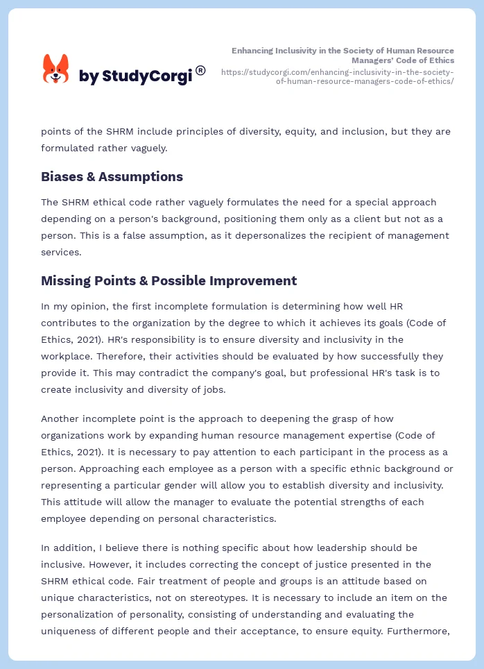 Enhancing Inclusivity in the Society of Human Resource Managers’ Code of Ethics. Page 2