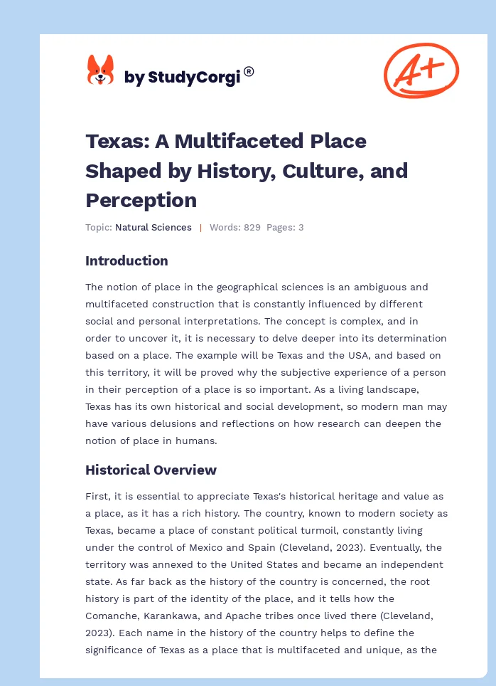 Texas: A Multifaceted Place Shaped by History, Culture, and Perception. Page 1