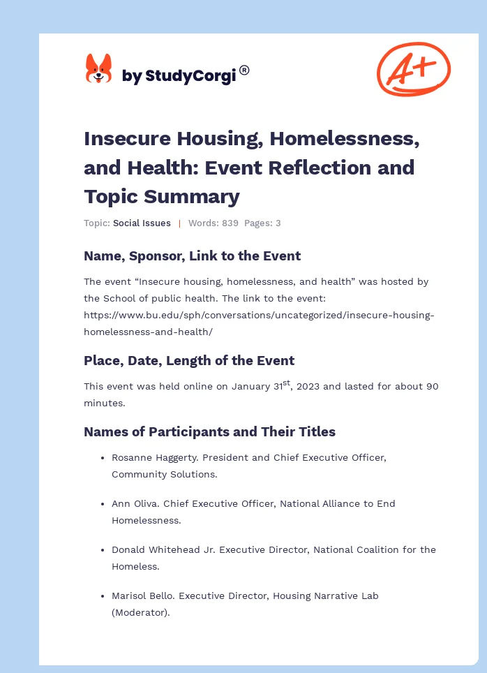 Insecure Housing, Homelessness, and Health: Event Reflection and Topic Summary. Page 1